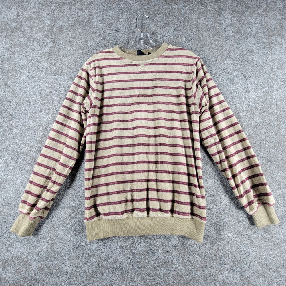 Vintage 80s Mervyn's Pullover Sweatshirt Mens S Beige Maroon Striped Crewneck